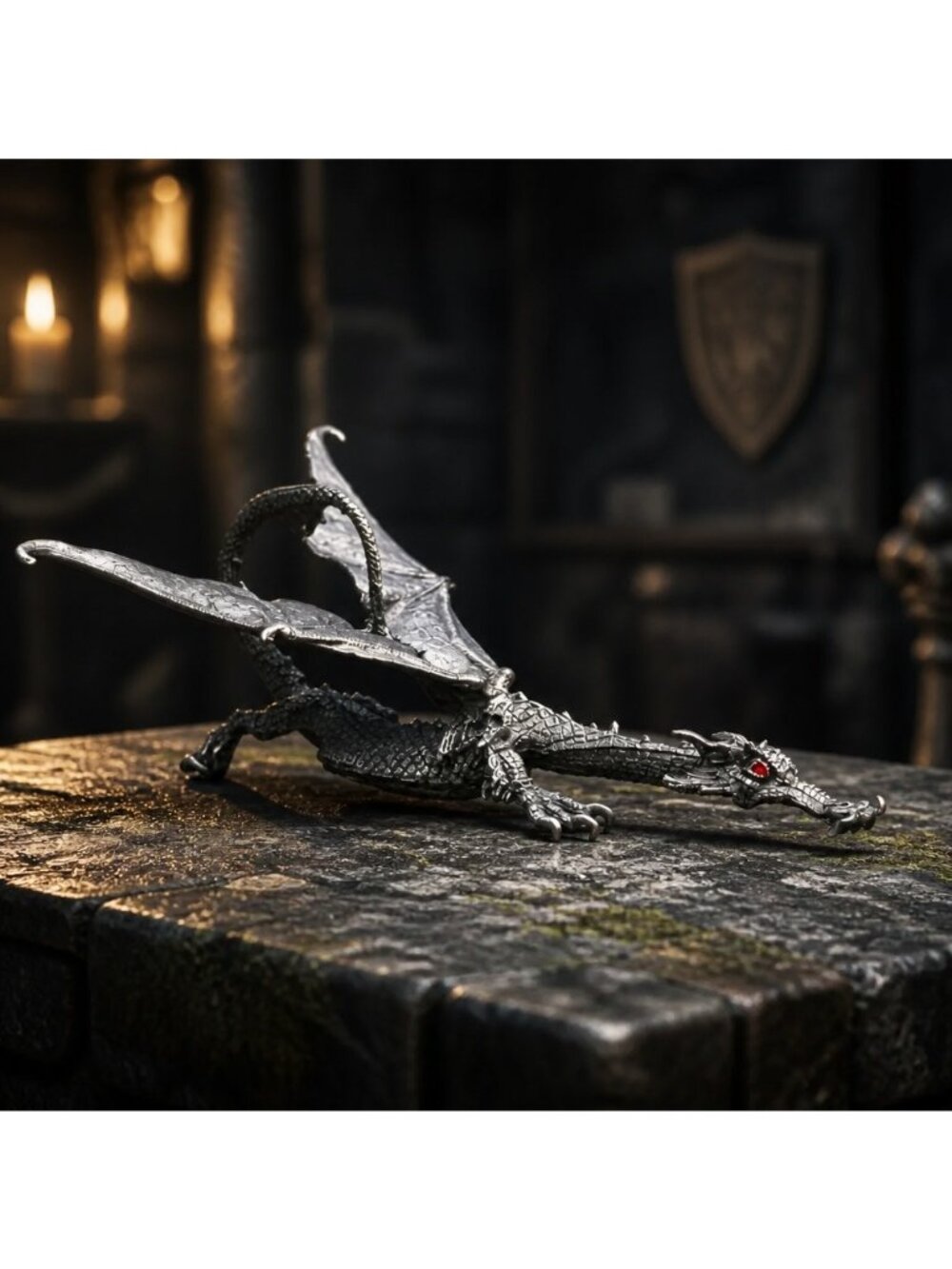 Pewter Dragon Figurine With Red Eyes & Etched Wings Fantasy Art